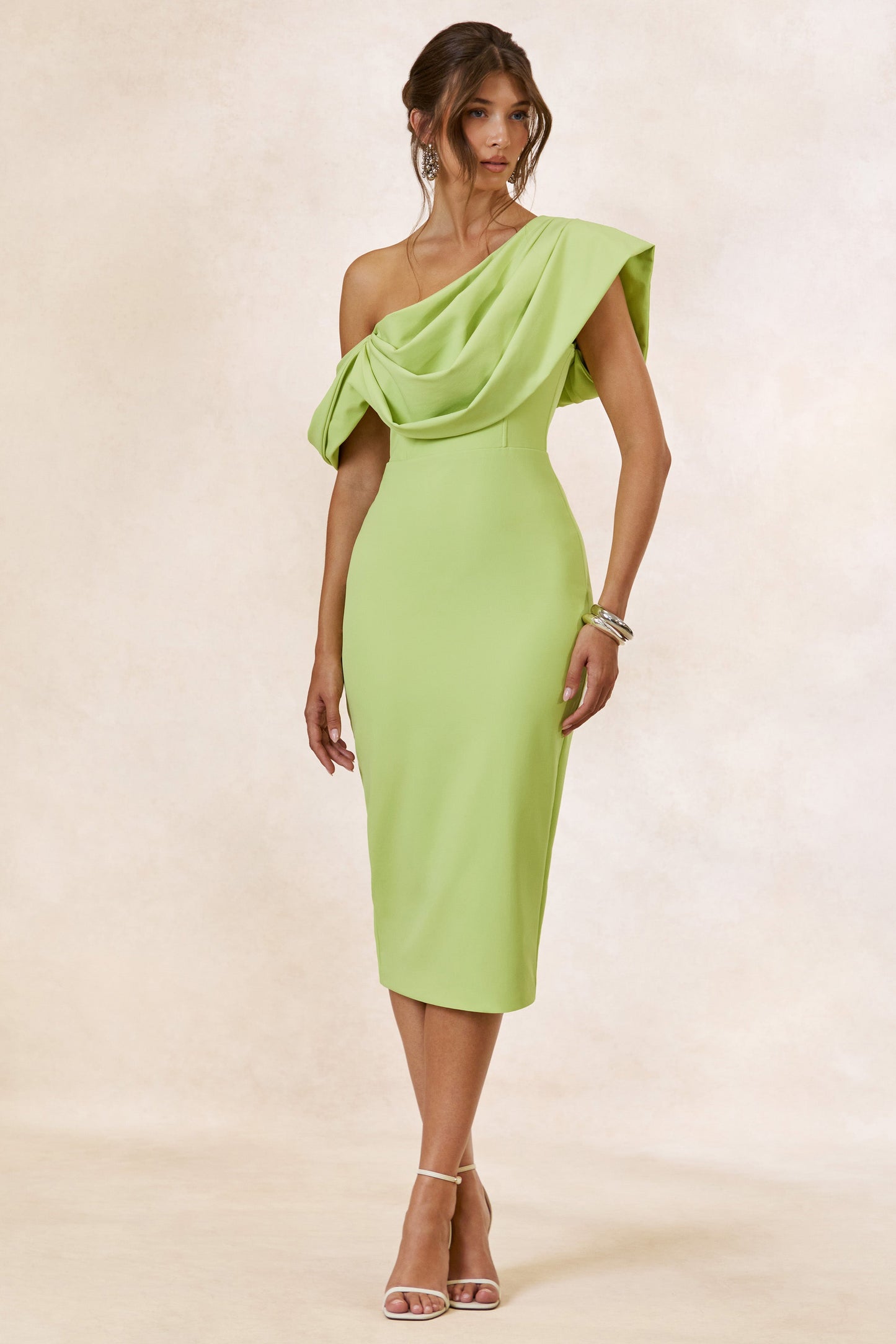 Adrina | Lime Draped One Shoulder Midi Dress