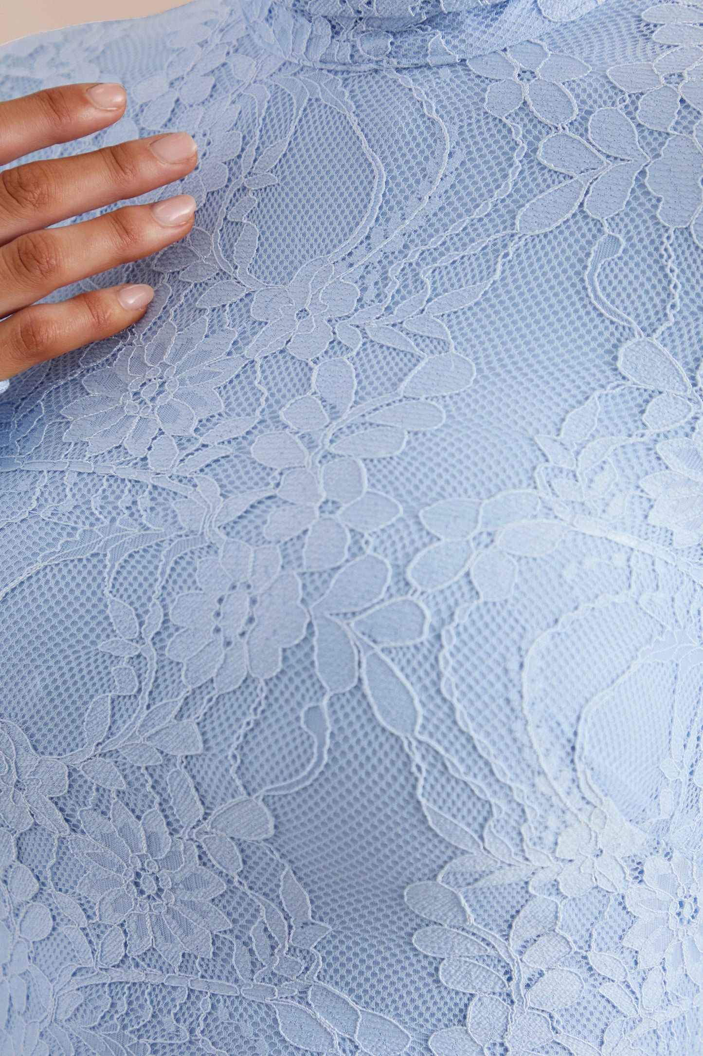 Enestra | Powder Blue High-Neck Lace Maxi-Dress With Draped-Skirt