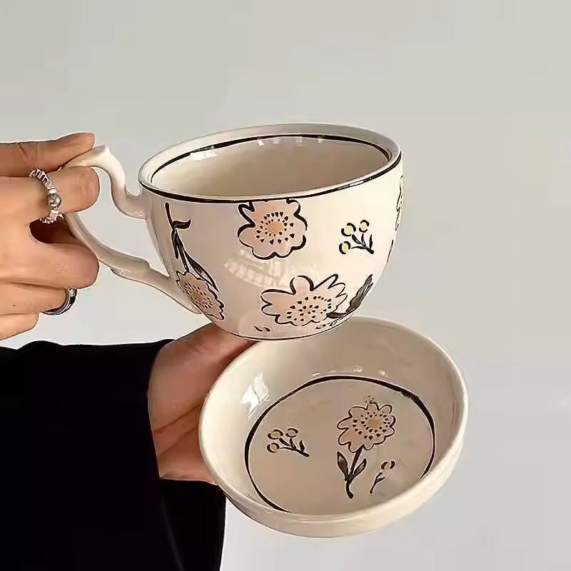 Large Ceramic Breakfast Mug With Lid And Saucer Retro Style 8
