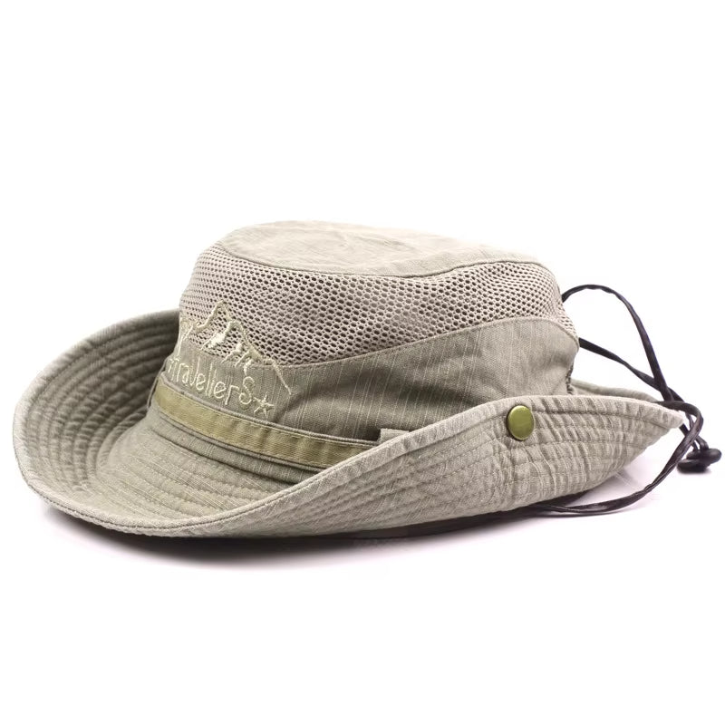 Outdoor Bucket Hat for Men, Summer Breathable Mesh Panama Cap, Cotton Sun Protector Jungle Fishing Hiking Beach Hat