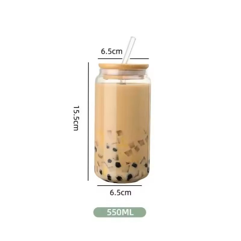 Glass Straw Cup With Dustproof Wooden Lid 7