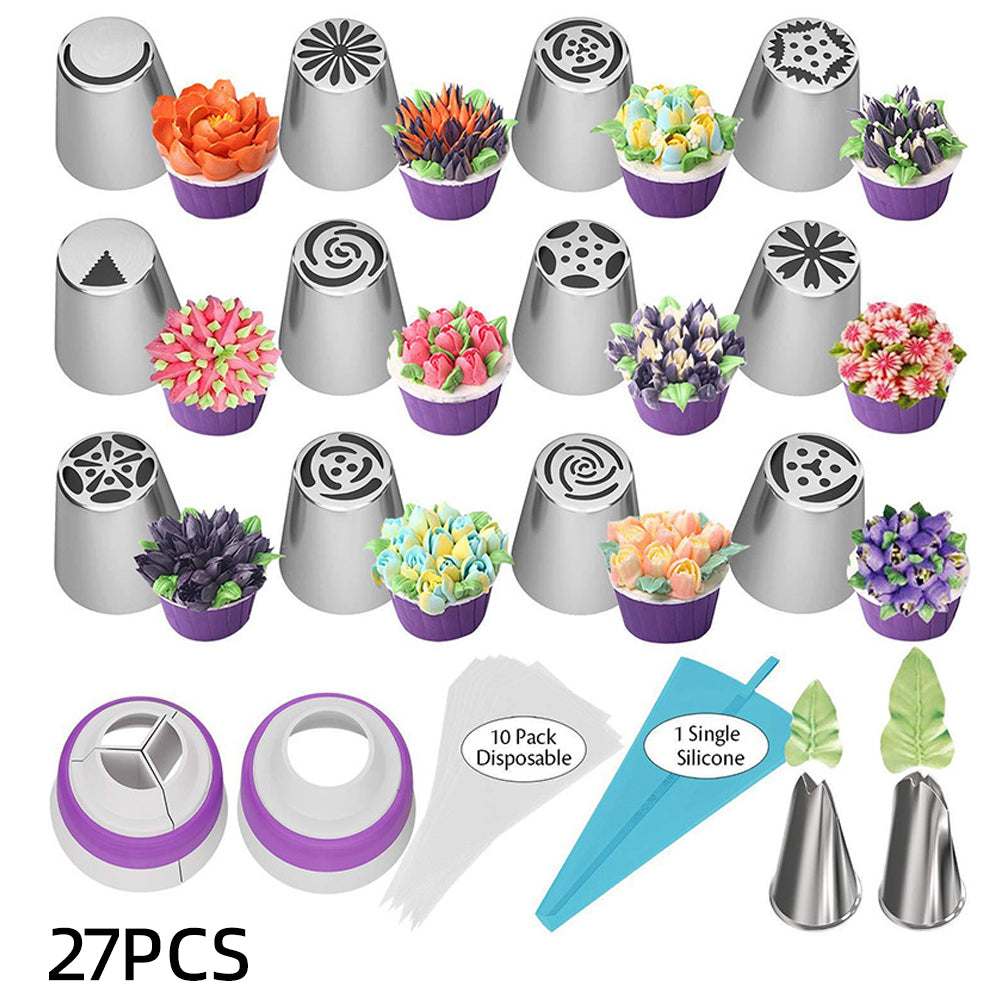 Russian Cake Piping Nozzles Set Stainless Steel Icing Tips with Disposable Pastry Bags for Cupcake Decorating and Baking