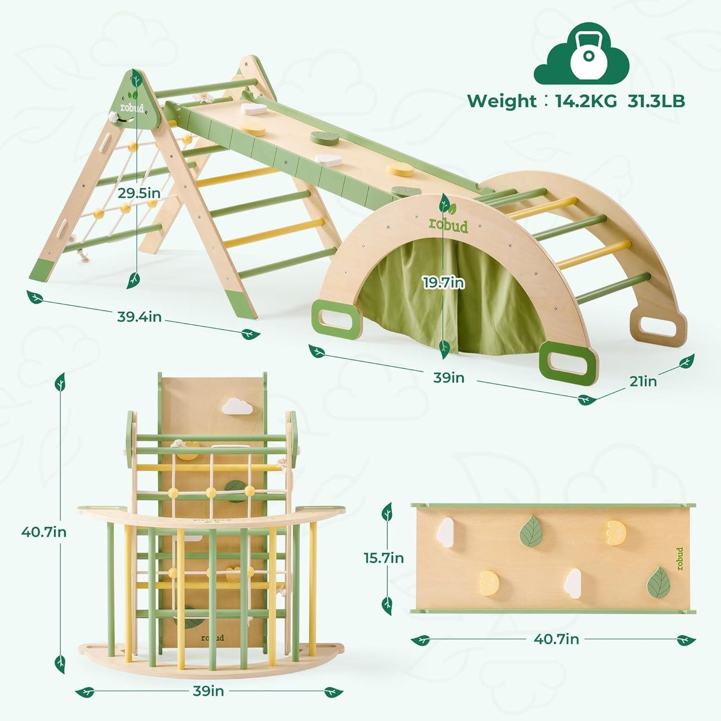 Robotime Robud 7-in-1 Foldable Wooden Climbing Toy Montessori Triangle Set with Slide & Rope Net for Girls & Boys