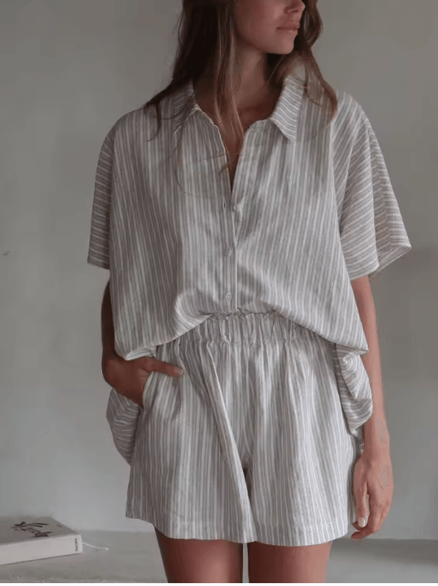 Striped Oversized Shirt And Shorts Set For Women Casual Two Piece Summer Outfit 3