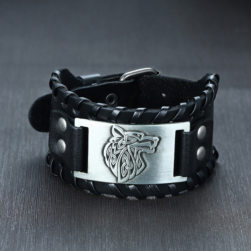 Men Vnox Wide Leather Wristband, Genuine Leather Punk Bangle with Metal Charm, Adjustable Fashion Cuff Bracelet Gift