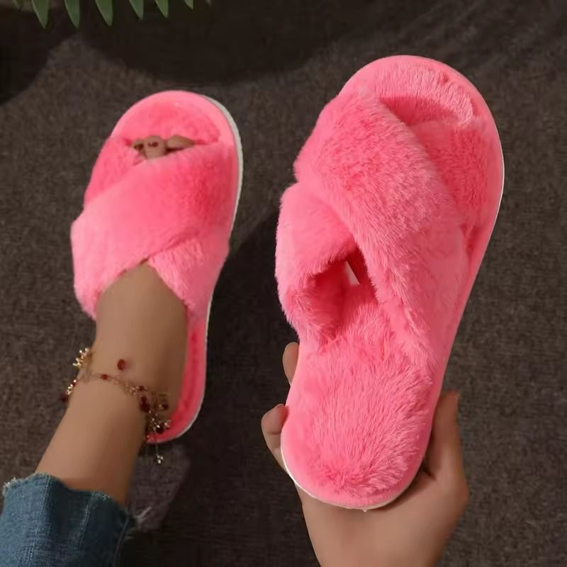 Cross Strap Faux Fur Slippers Women Warm Indoor Plush Slides 13