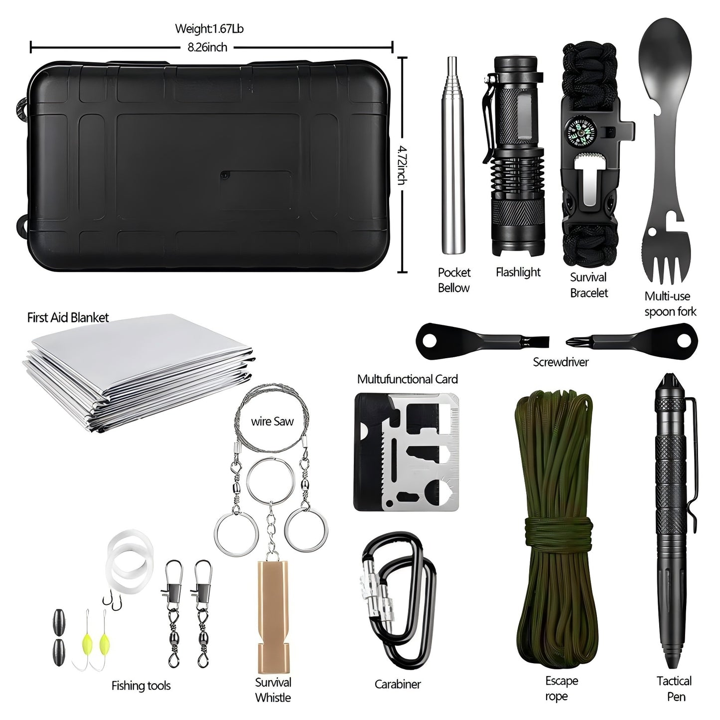 Professional Emergency Survival Kit Gear, Camping Multifunction Tactical Defense Equipment First Aid SOS Adventure
