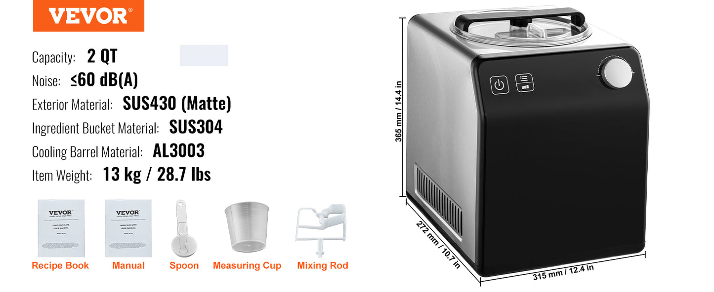 Upright Automatic Ice Cream Maker with Built-in Compressor 2 Quart No Pre-freezing Fruit Yogurt Machine 4 Modes