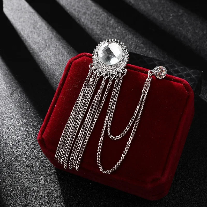 Mens Black Tassel Corsage Brooch Metal Rhinestone Collar Pin For Suit Shirt Jewelry 13