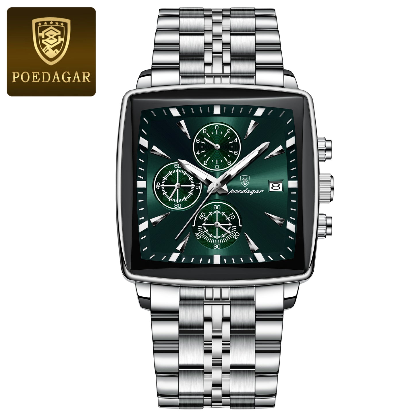 Square Stainless Steel POEDAGAR Fashion Men Watch Quartz Chronograph, Luminous Waterproof Date Wristwatch