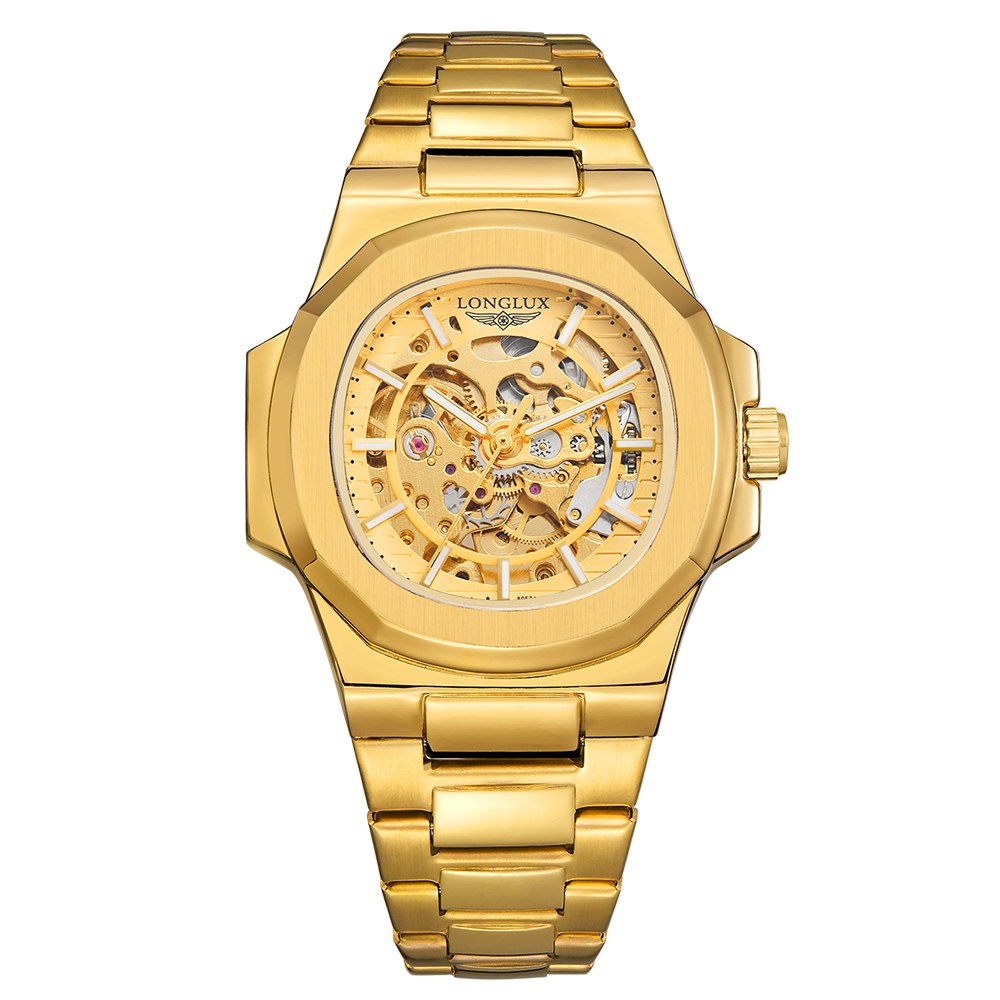 Luxury LONGLUX Men Automatic Mechanical Watch, Waterproof Skeleton, Stainless Steel Business Gift Watch