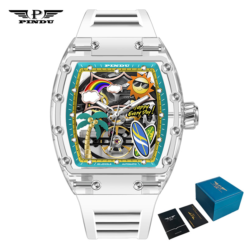 Men Mechanical Watch by PINDU, Unique Dial Design Summer Beach Style, Fashion Waterproof Watch Silicone Strap