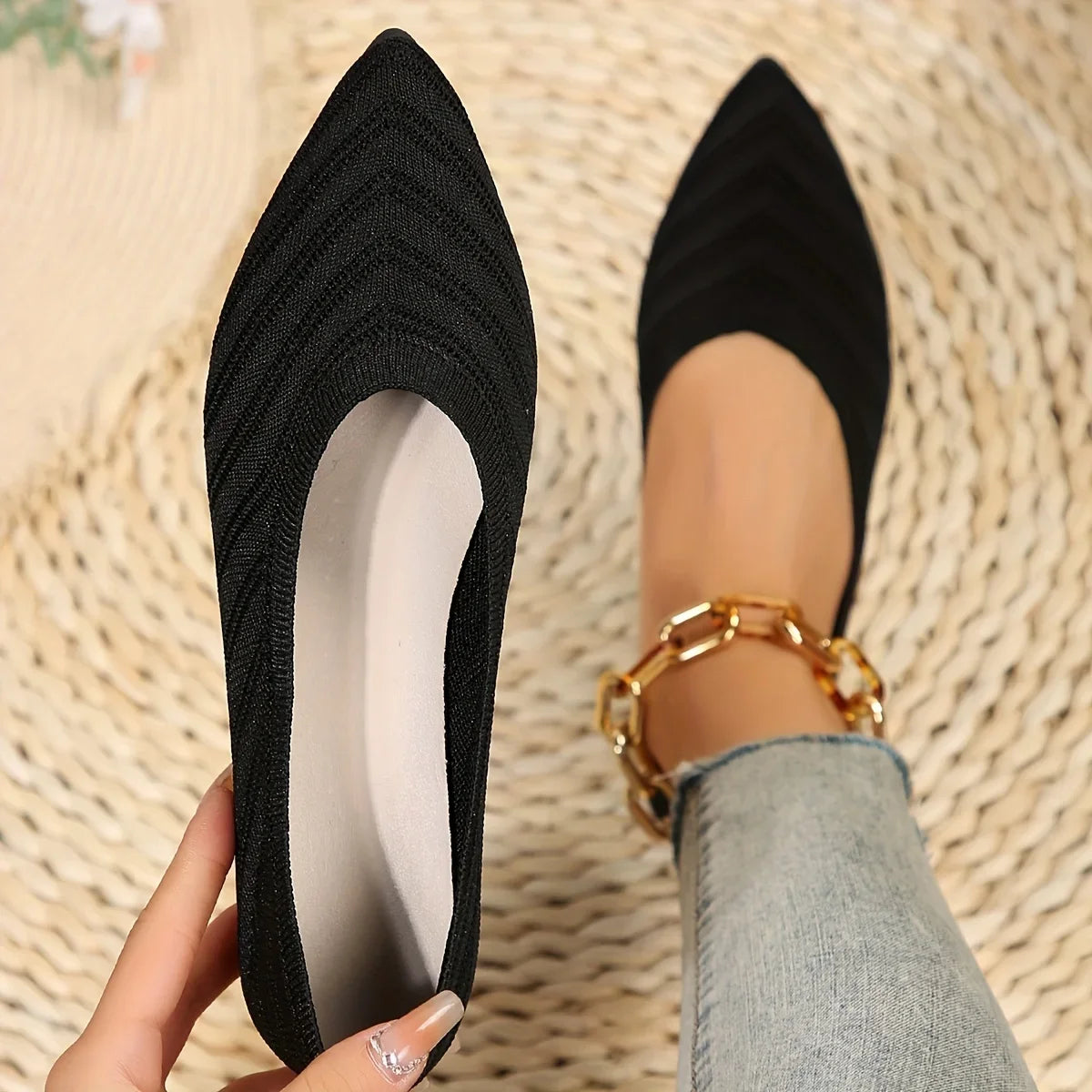 Women Pointed Toe Flat Shoes Solid Color Knitted Slip On Loafers | Casual Breathable Ballet Flats for Women