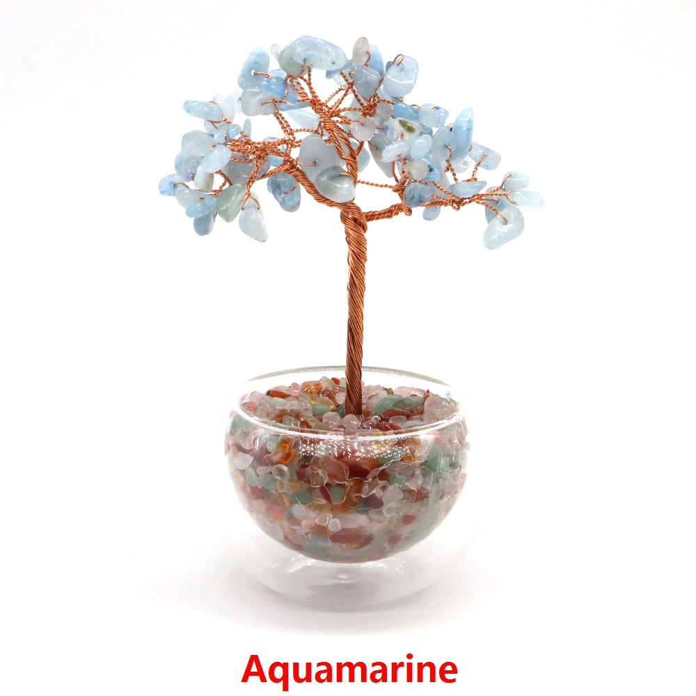 Crystal Money Tree, Glass Potted Plant with Natural Citrine, Amethyst & Chakra Quartz, Feng Shui Home Office Decor