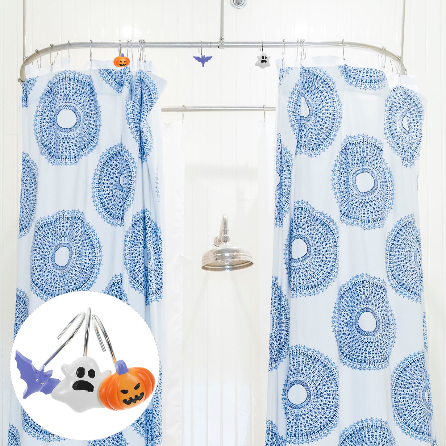 12 Pcs Halloween Shower Curtain Hooks, Bat, Pumpkin & Ghost Theme Decorative Bath Rings, Spooky Bathroom Accessories
