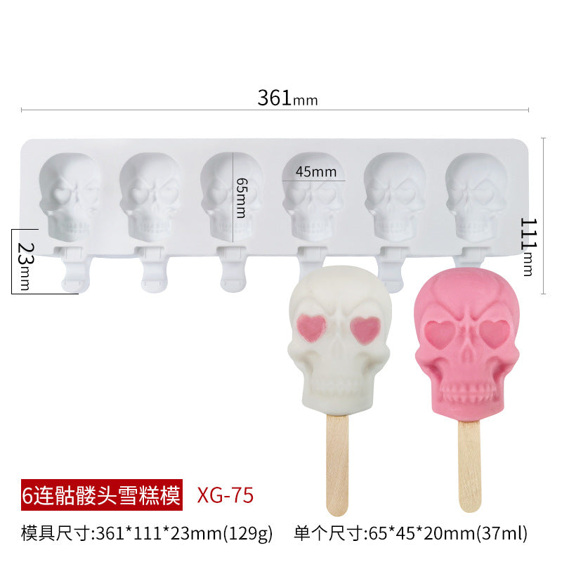 Silicone 6 Skulls Ice Cream Mold for Homemade Popsicles, Kitchen Supplies Ice Maker, Chocolate Candy Tray