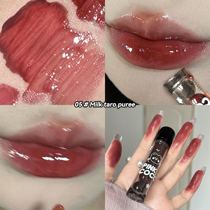 Bear Doodle Mirror Lip Glaze, Long Lasting Shiny Lip Gloss, Student Friendly, Skin Brightening Nude, Hydrating Shine