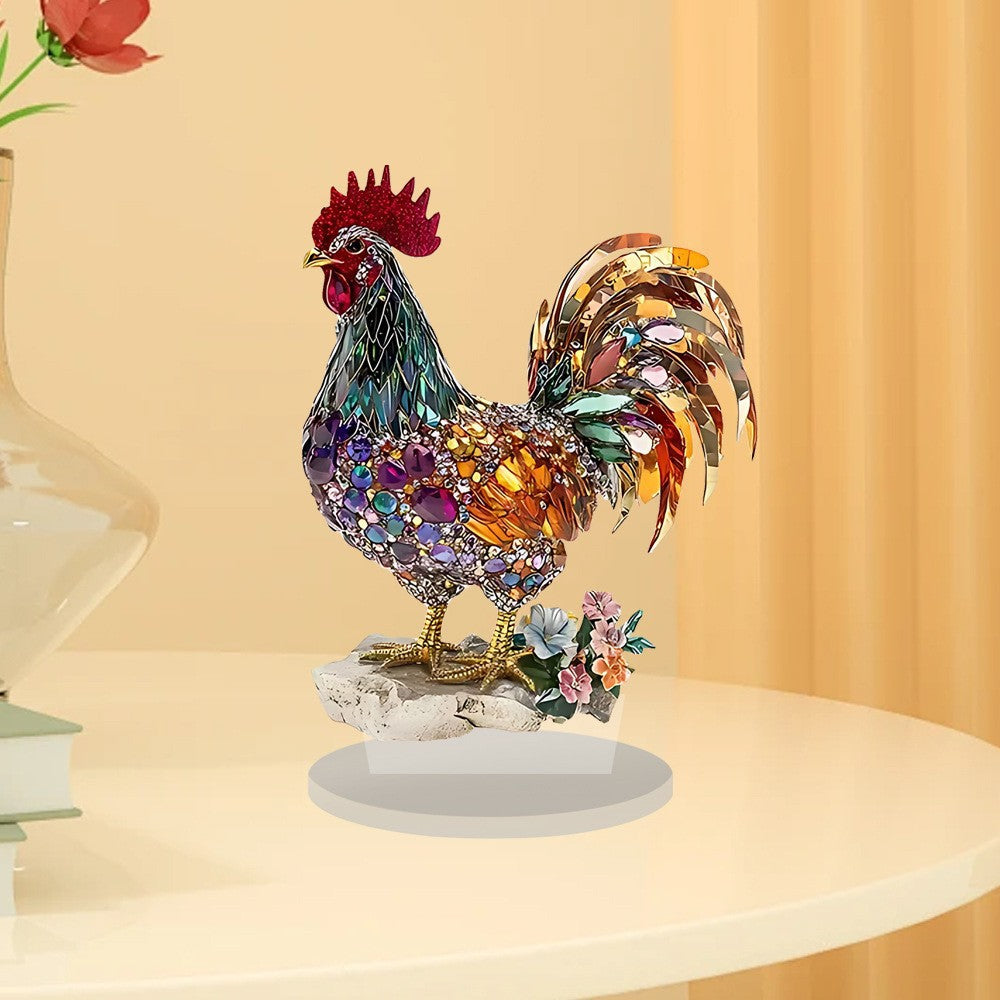 Creative Colorful Beautiful Rooster Ornament 2D Flat Acrylic Mascot Statue for Home Bookshelf, Office Desk & Friend Gift