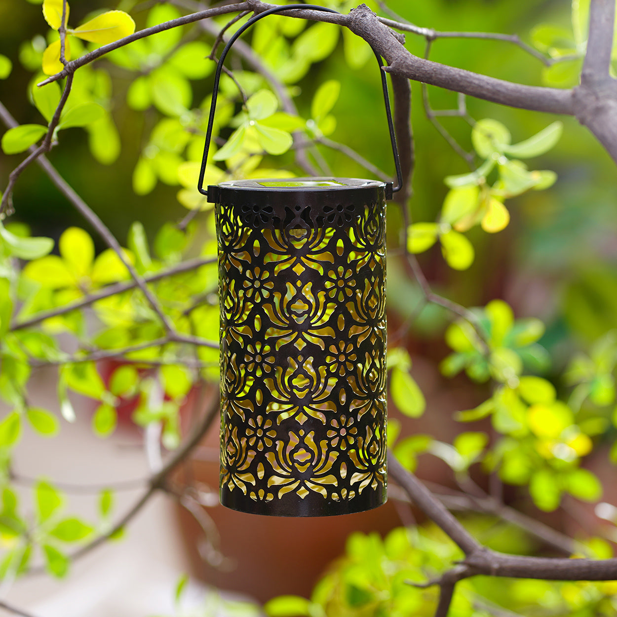 Solar Powered Iron Lantern Outdoor Light, Hollow Metal Design for Gardens, Patios, Parties and Holiday Gift Decoration
