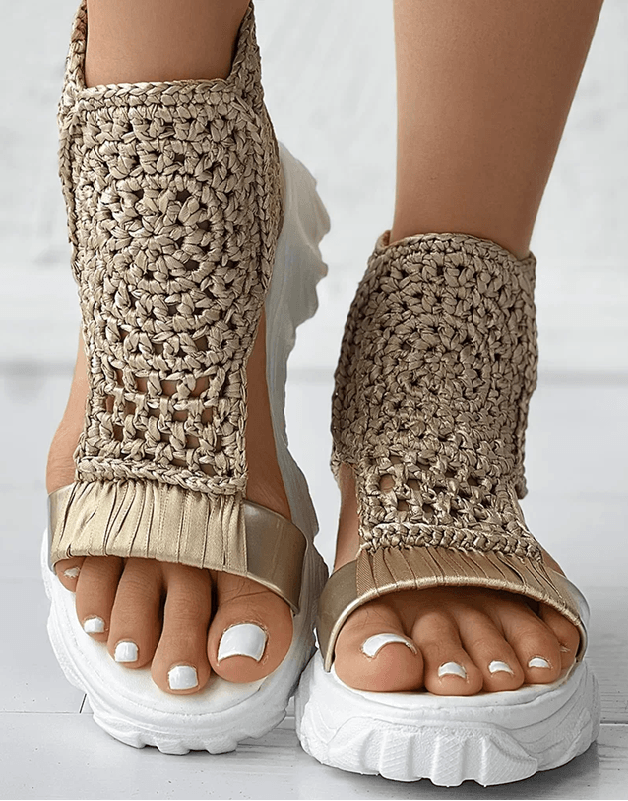 Elegant Gold Knitted Elastic Flat Sandals Braided Mesh Slip On For Women 5
