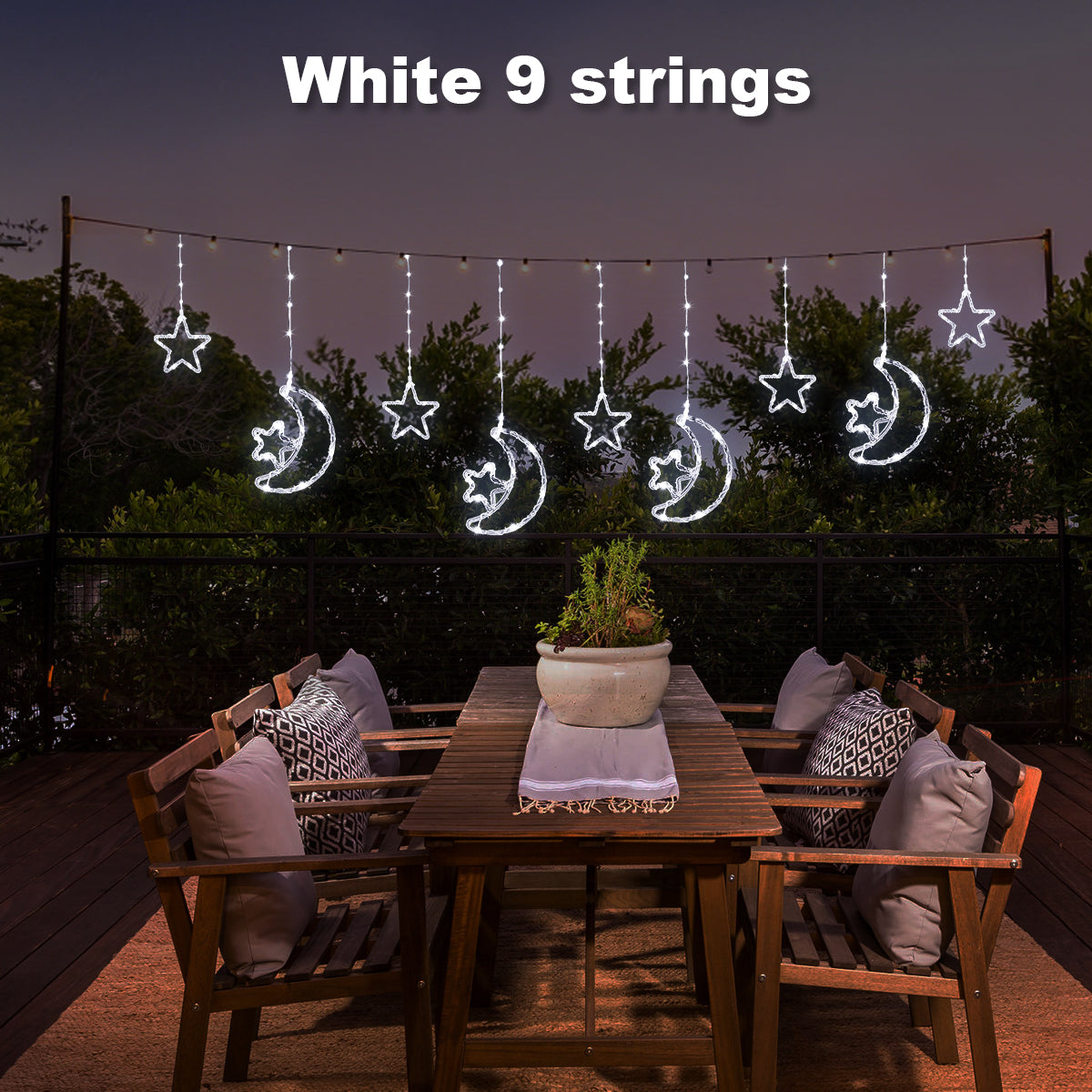 Solar Moon Star LED Decor Light, Outdoor Waterproof Curtain Lights, 8 Modes String Light for Ramadan Hanging Decor
