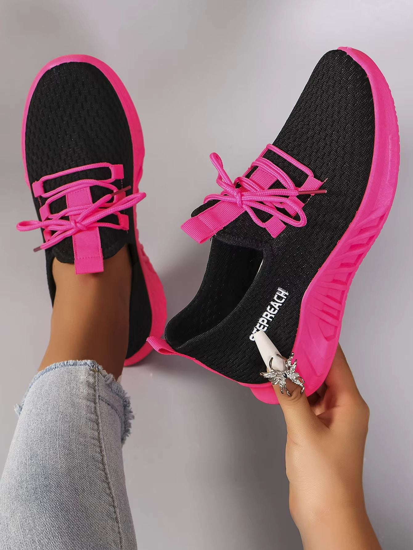 Womens Lightweight Breathable Color Block Sports Sneakers With Strap 5