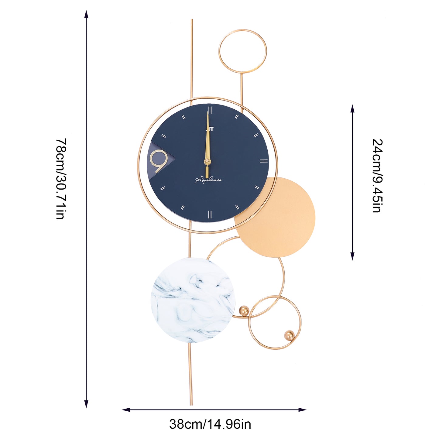 Silent Non-Ticking Wall Clock, Big Wall Clocks for Living Room Decor, Gold Indoor Metal Decorative Clock Battery Operate