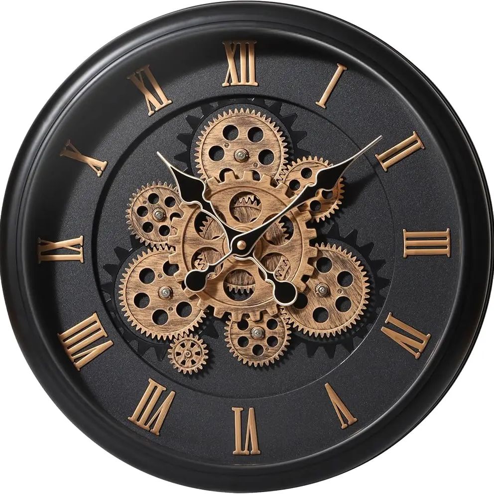 Vintage Mechanical Wall Clock Large Moving Gears Battery Operated Industrial Clock for Home Office, Farmhouse Decor