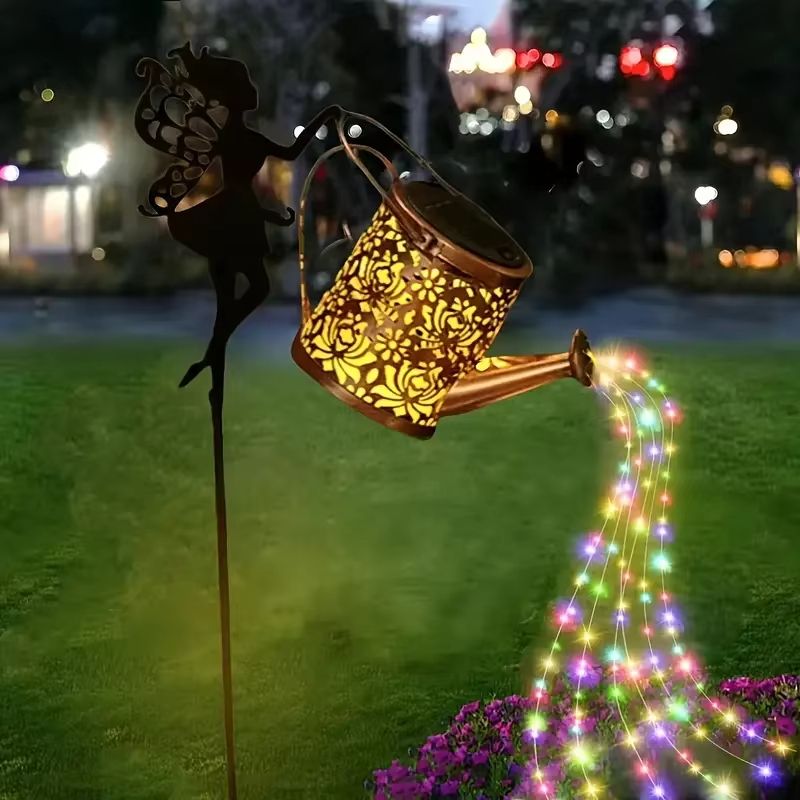Solar Watering Can Fairy Light Vintage Metal Garden Lantern With Cascading LED Waterfall 7