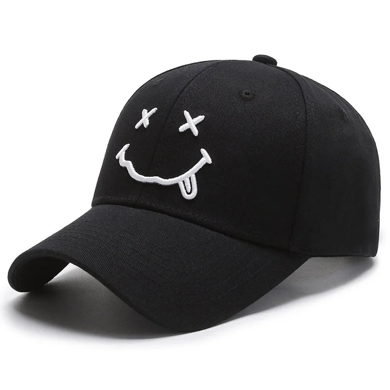 Black Cotton Adjustable Snapback, Women Smile Face Embroidery Baseball Caps, Funny Hip Hop Cap Autumn Dad Hats