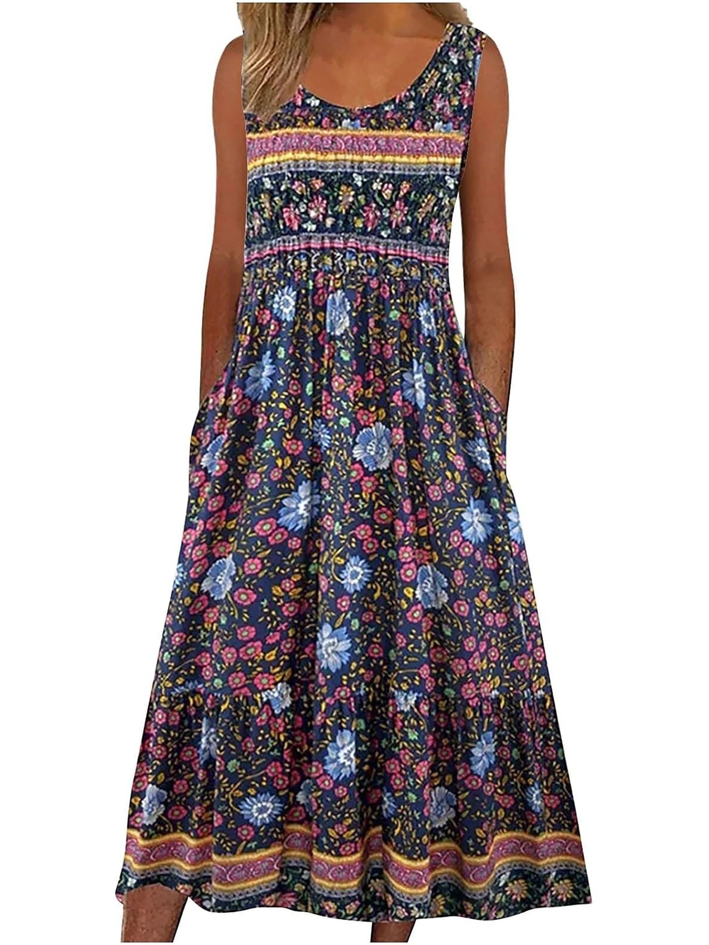 Womens Sleeveless Bohemian Floral Midi Sundress With Pockets 11
