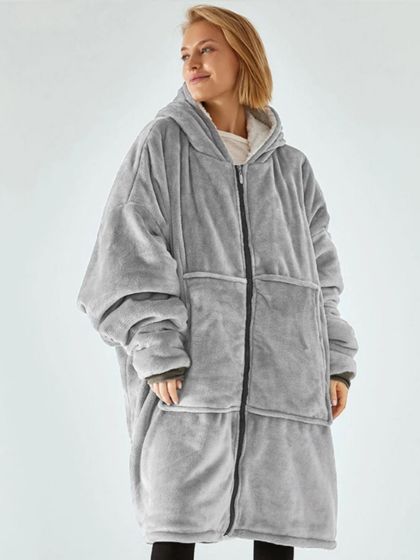 Solid Color Plush Hooded Zipper Nightgown With Velvet Lining For Women 6