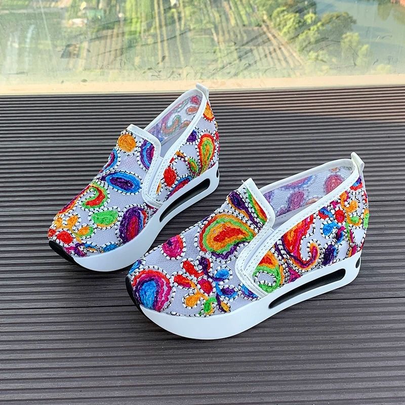Womens Wedge Sneakers With Floral Embroidery Mesh Design Height Increasing Platform Shoes For Sprin 7