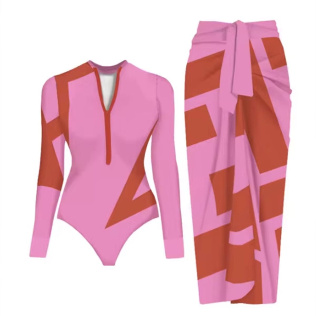 Womens Long Sleeve One Piece Swimsuit With Wrap Skirt Vintage Print Surfing Bathing Suit 13