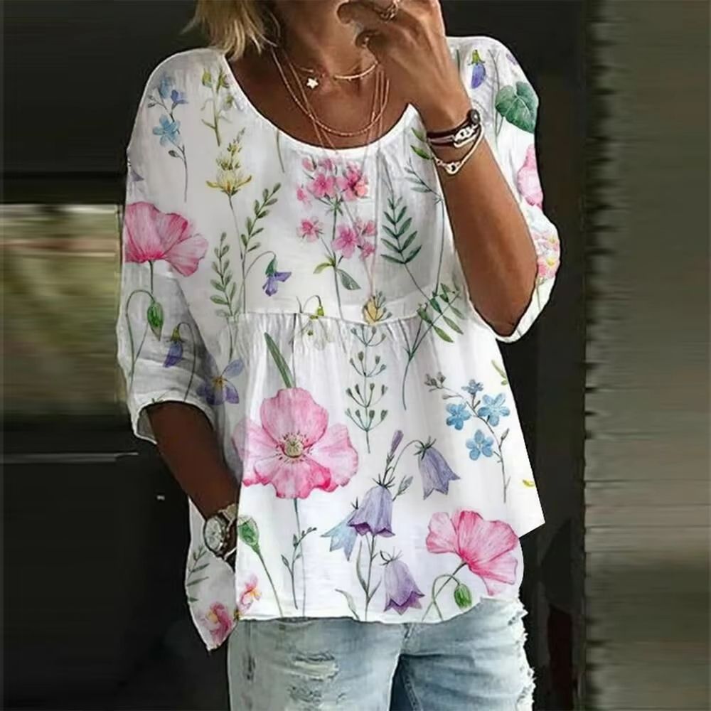 Womens Loose Fit Printed Round Neck Casual Shirt For Holiday And Weekend Wear 9