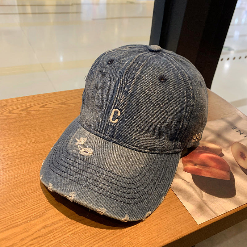 Adjustable Broken Hole Denim Baseball Cap For Big Head Circumference Korean Casual Duckbill Cap Ver 5