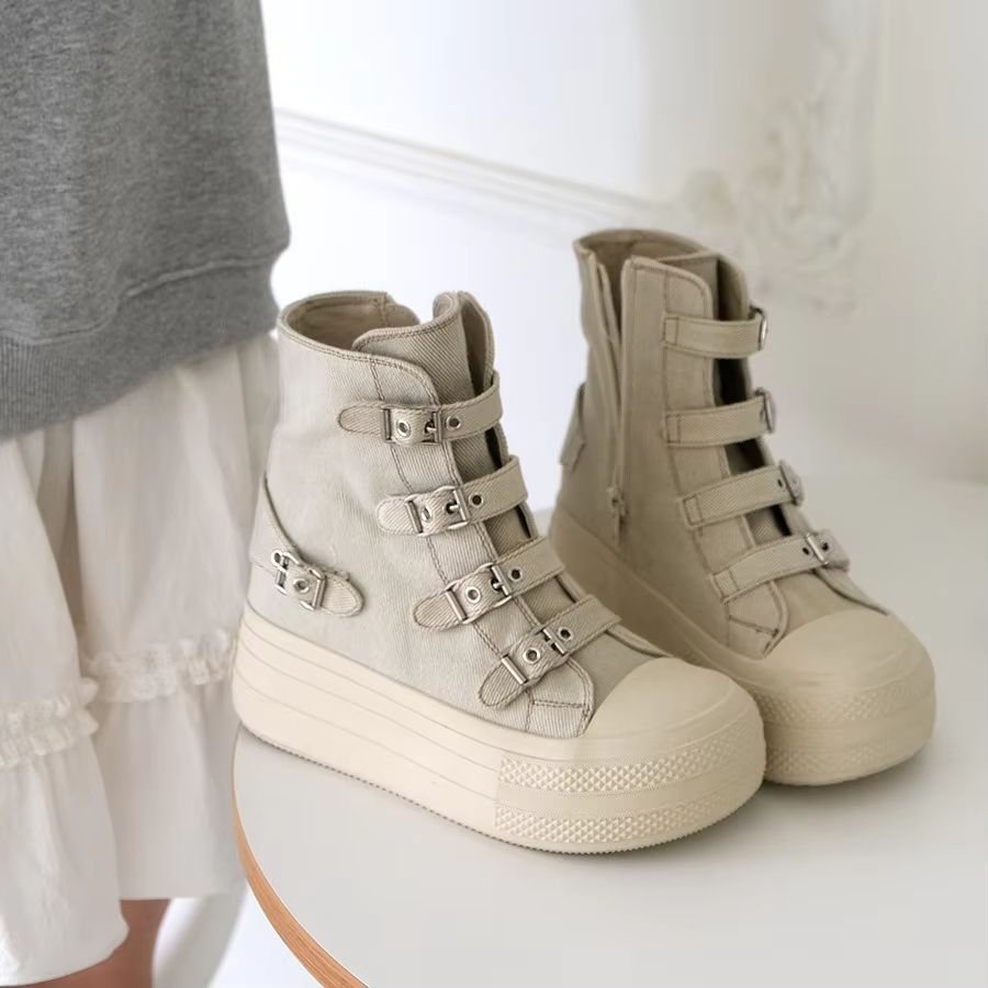 CHABELLA Womens High Top Canvas Sneakers With Buckle Strap Side Zip Street Style Comfort Shoes 7