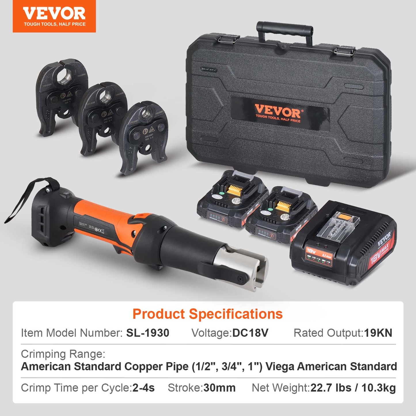 SucceBuy Pro Press Tool Electric Pipe Crimping Kit, Copper Pipe Press Tool 1/2 3/4 1 Inch, 3 Jaws, Batteries