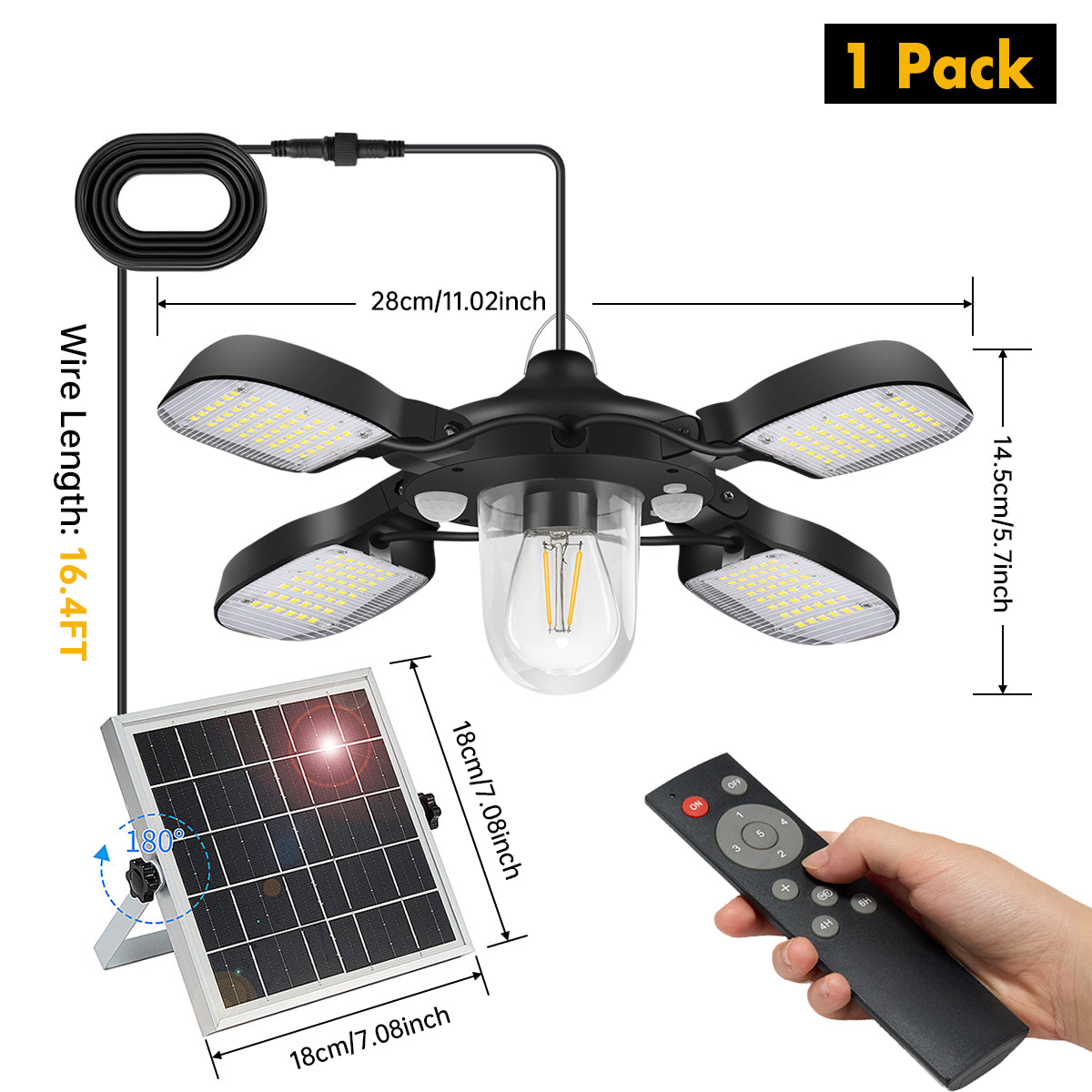 Solar Powered Barn Light Solar Shed Light with Dual Motion Sensor, Remote Control Solar Pendant Lamp Indoor Outdoor
