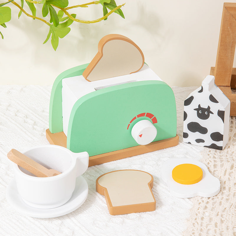 Montessori Wooden Kitchen Pretend Play Set, Simulation Coffee Maker, Toaster, Plates Dishes Accessories, Toddler Gift