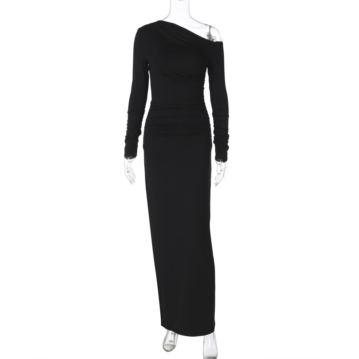 Elegant White Skew Collar Long Sleeve Maxi Dress For Women Autumn Winter Bodycon High Waist Formal 6