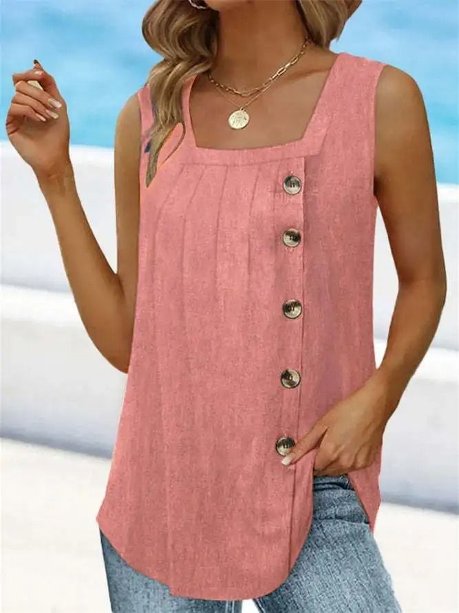 Summer Pleated Square Neck Sleeveless Button Tank Top 10
