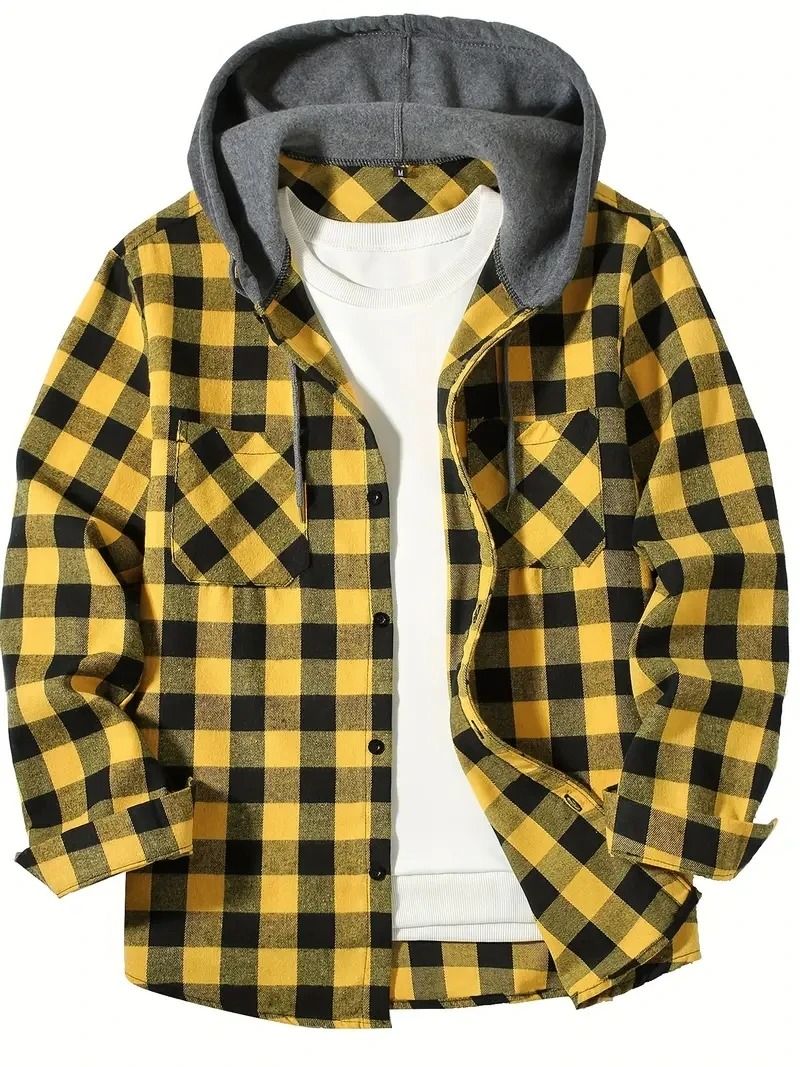 Mens Hooded Plaid Shirt Casual Slim Fit Long Sleeve Jacket 12