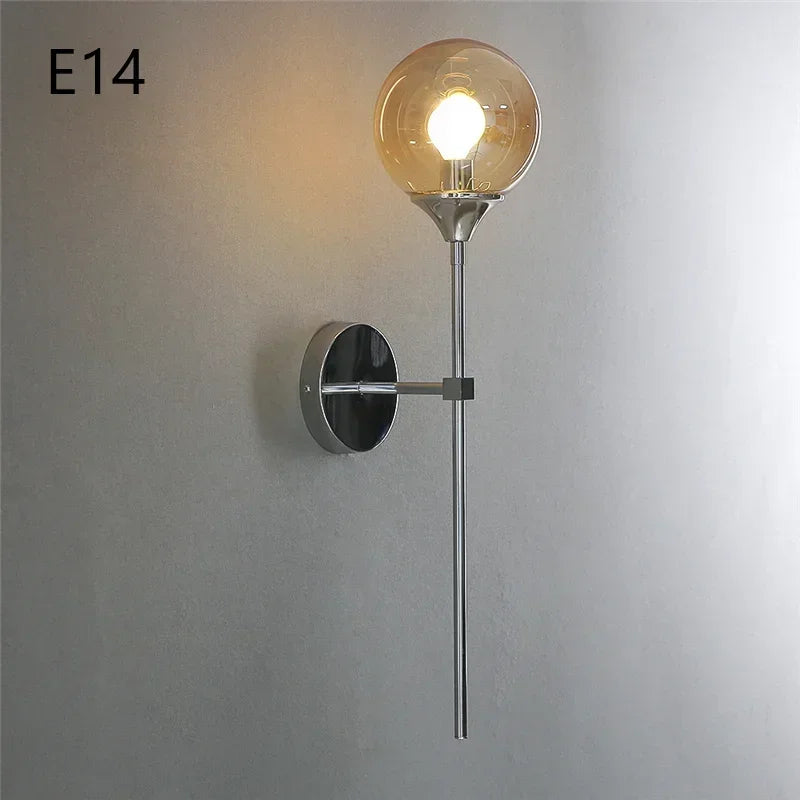 Modern Nordic Glass Ball Wall Lamp, Creative Golden Chrome Fixture with E14/E27 for Living Room, Kitchen Decoration