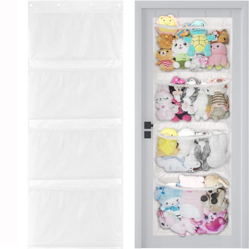 Stuffed Animal Storage Organizer Hanging Mesh Bag With 4 Metal Hooks 4 Large Pockets Baby Plush Toy 7