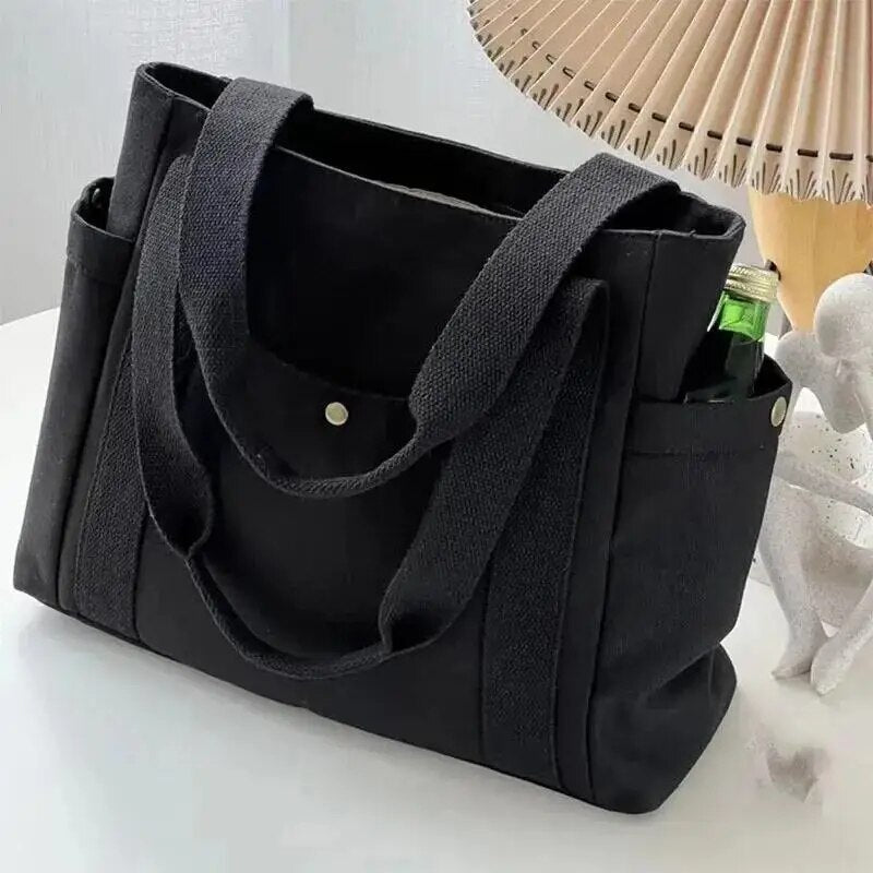 Large Capacity Canvas Women's Tote Bag, Multiple Outer Pocket Shoulder Handbag, Casual Student Shopping Purse