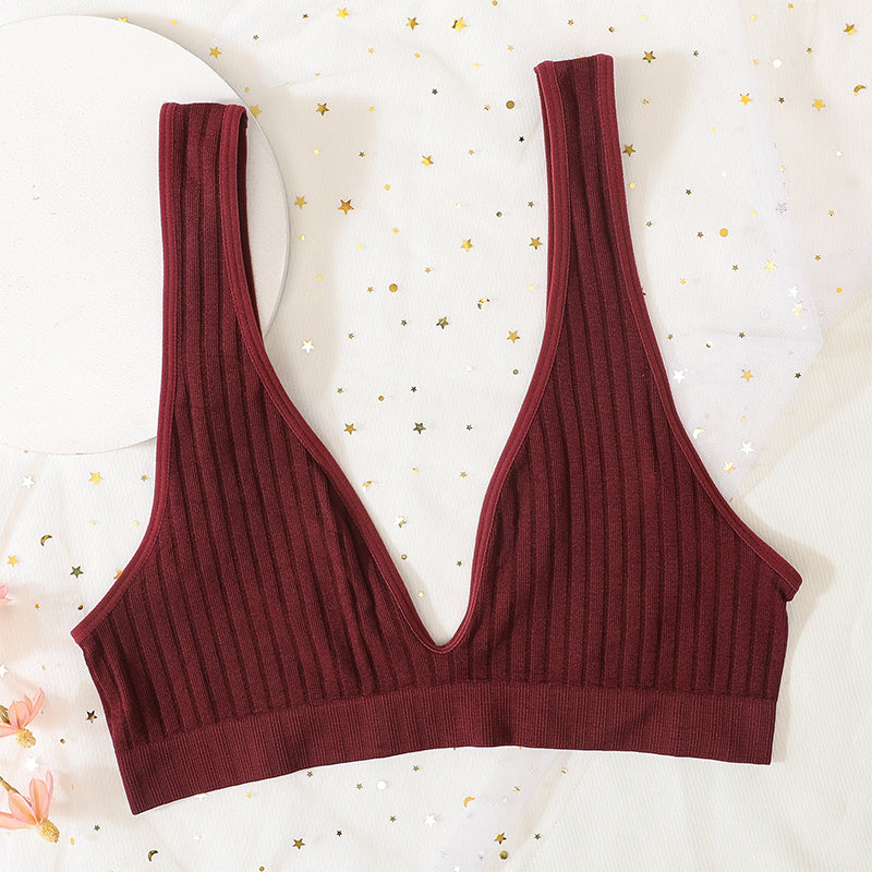 Sexy V Neck Push Up Bras For Women Seamless Bra, Ribbed Bralette Low Back Lingerie, Sleep Underwear Unlined Bra Crop Top