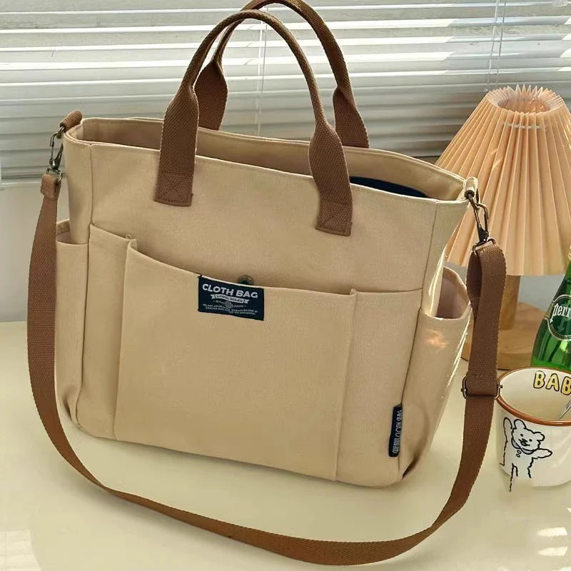Urban Minimalist Canvas Tote Bag for Women, Large Capacity Commuting Crossbody Student Bag