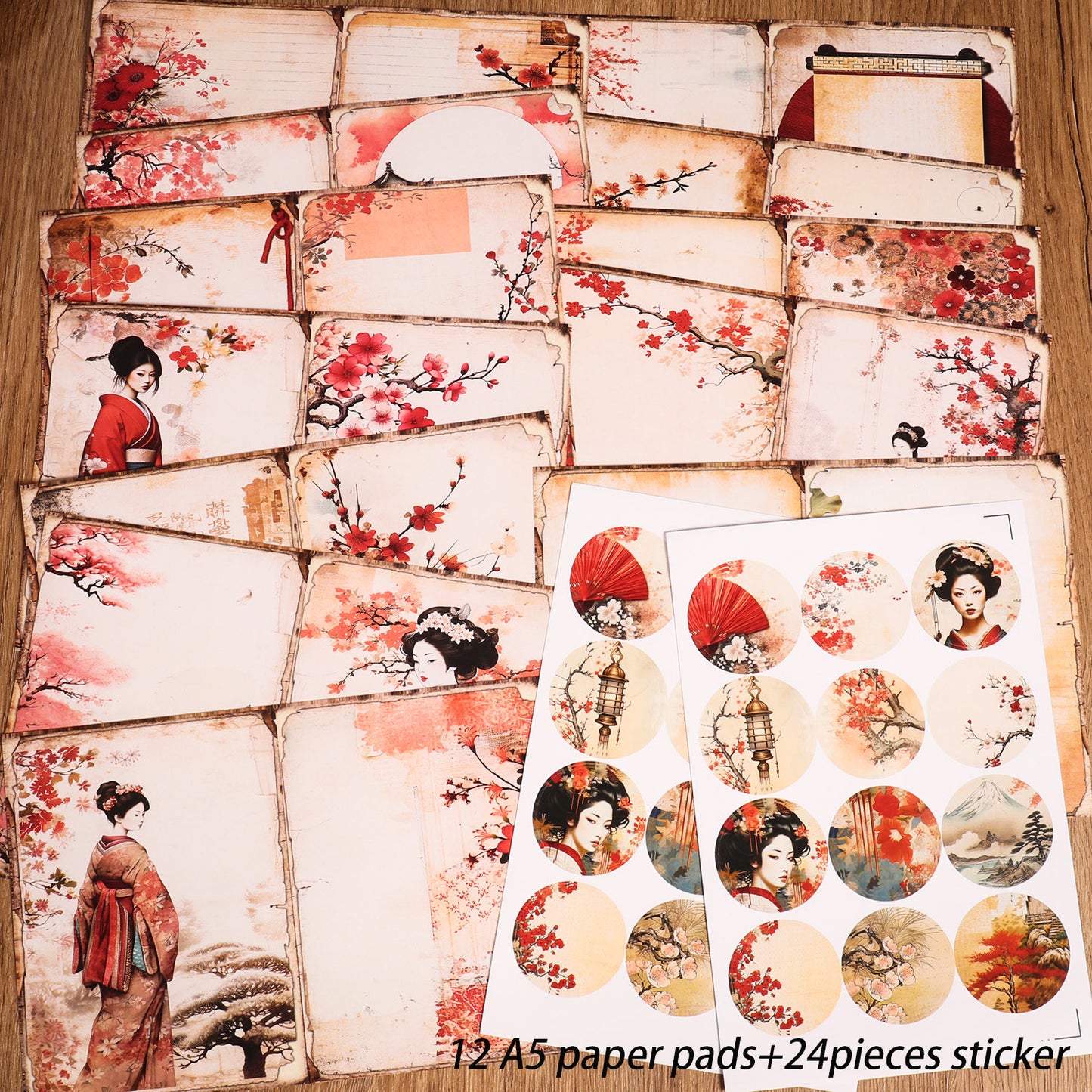 DIY Scrapbook Decoration Paper Pads, 12 A5 Papers and 24stickers Oriental Cherry for Crafts Journals Scrapbooking