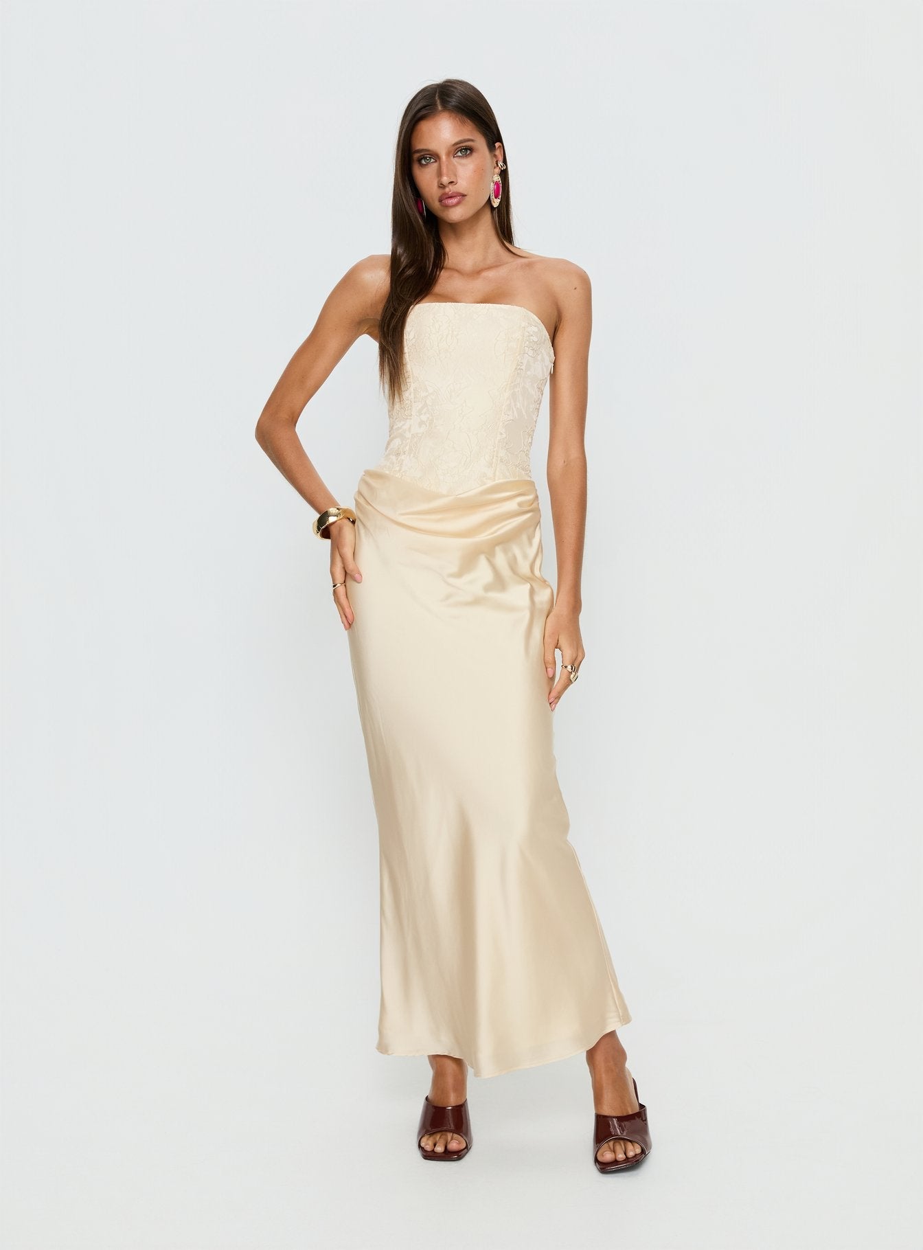 Jenevieve Strapless Drape Maxi Dress Lemon